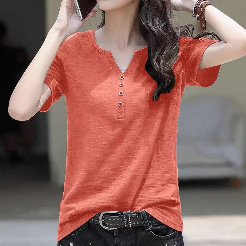 Women Summer V Neck Short Sleeve T-shirt Solid Color Waist Slim Korean Style Casual Commuter Blouse With Buttons