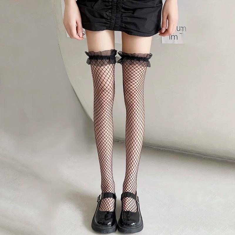 Women's Ultra-Thin Black Fishnet Stockings with Bow Lace – Sexy, Non-Slip Design