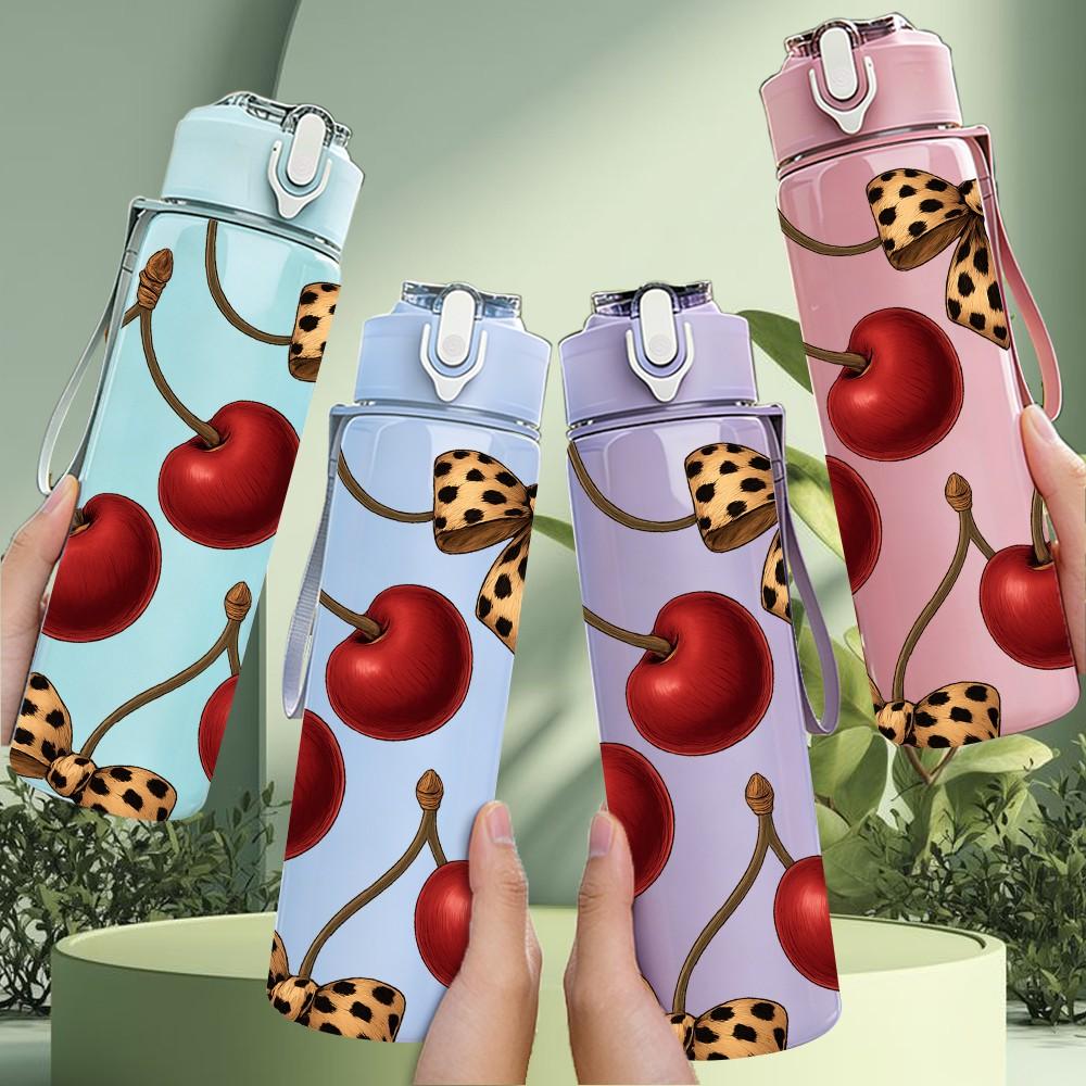 1PC Red Cherry Leopard Bow Layout 750ml Color Plastic Sports Water Bottle Leakproof Flip Straw Lid For Sports Office Home Use