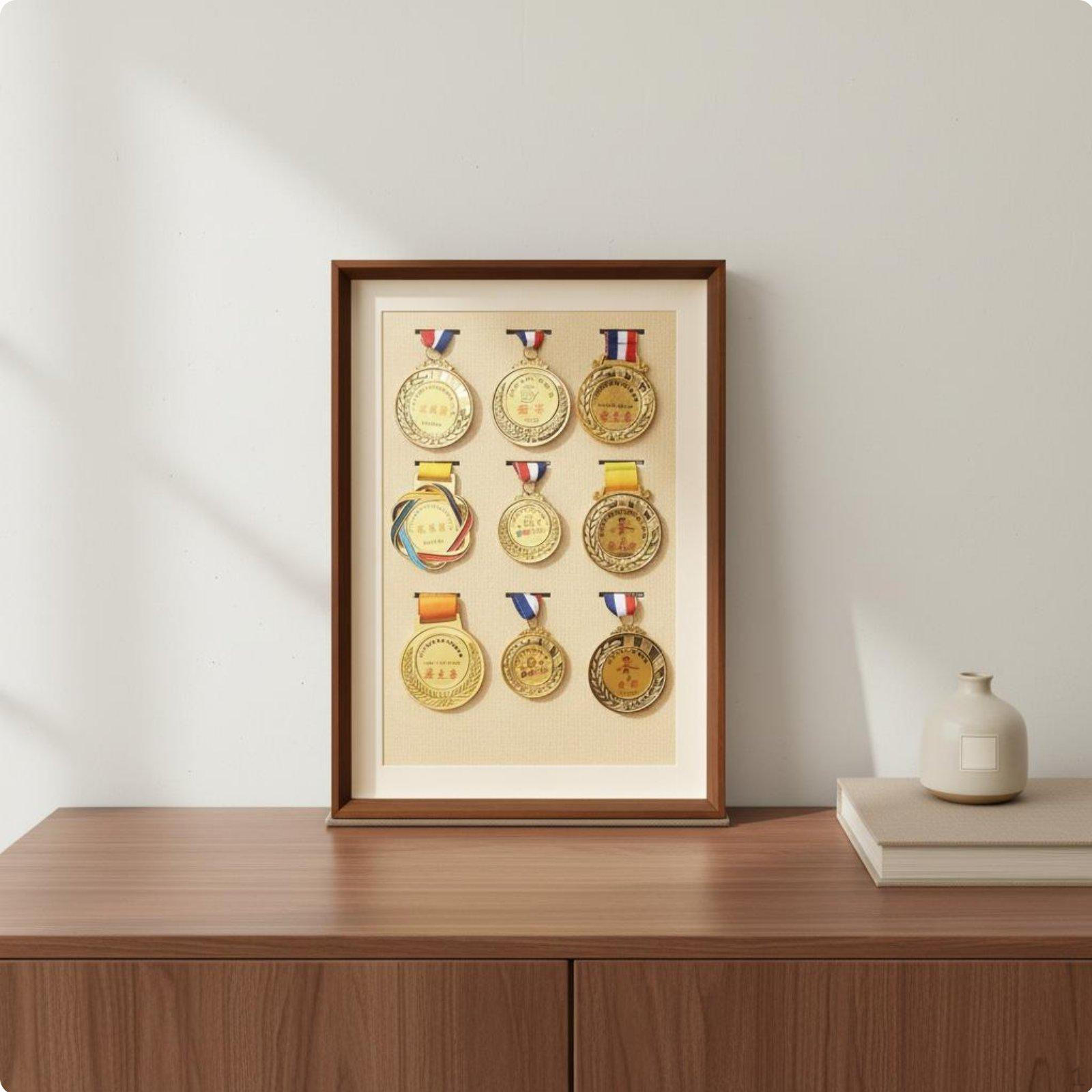 Ramka na Medale Drewno Lite Uchwyt na Wydarzenia Wytrzymałościowe Idealny Prezent Pudełko na Plakietkę dla Walnut A3 9 Medals