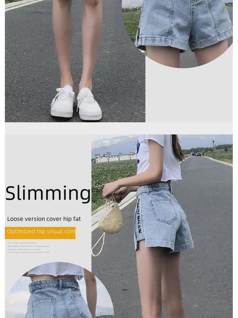 Korean High Waist Women's Denim Shorts - 2020 Slim A-Line Wide Leg In Black & Gray.