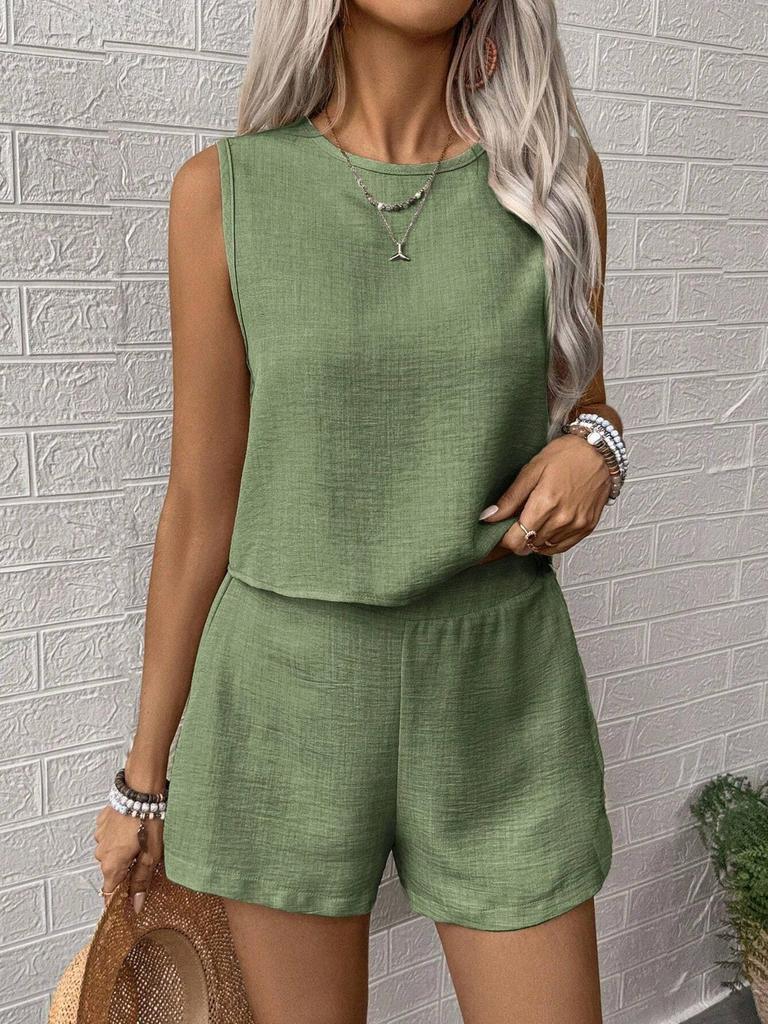 Women's Solid Color Simple Fashion Casual Sleeveless Top and Shorts Set