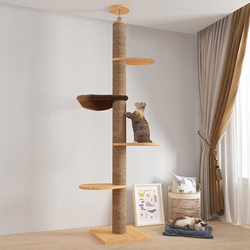 Boden-bis-Decke Katzenkratzbaum mit Raumkapsel & Kratzstamm, Massivholz, Vier Etagen, Katzenkletterspielzeug