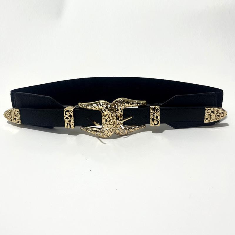 Women's Retro Hollow Double Buckle Elastic Waist Belt - Versatile Fashion Accessory in Black