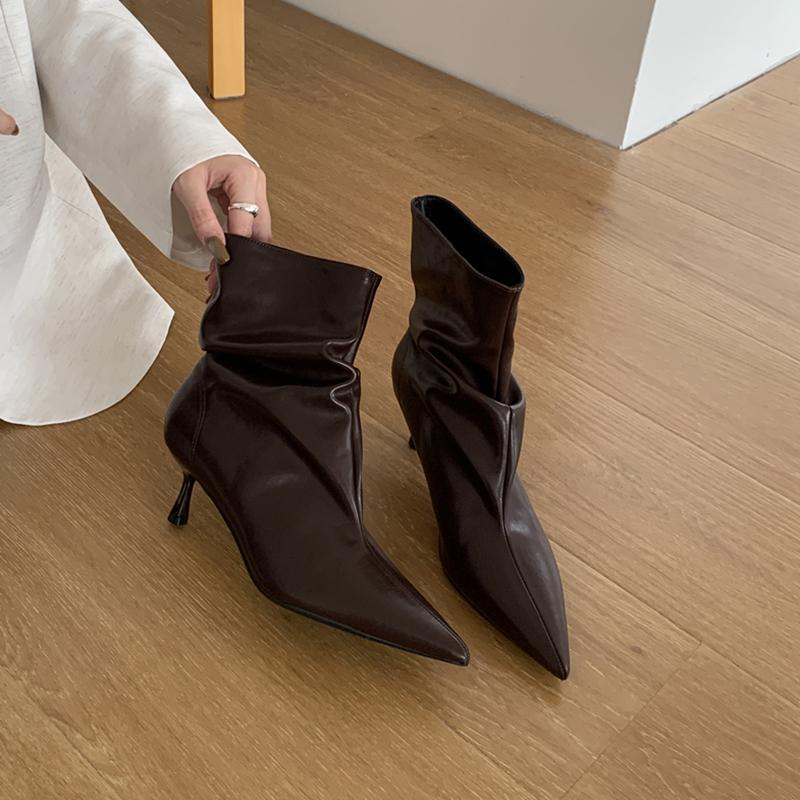 Fashion SUOJIALUN 2025 Winter New Brand Women Short Boots Fashion Pleated Pointed Toe Slip On Thin High Heel Ladies Elegant Chelsea Pump
