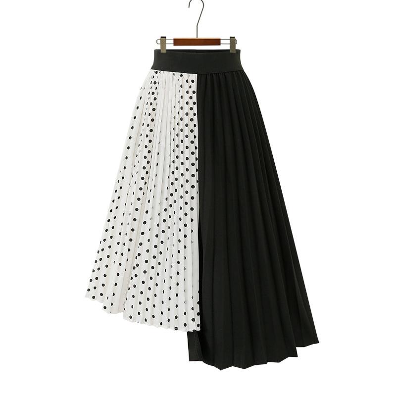 Tooxika Large Women's Pleated Polka Dot Patchwork Mid Length Chiffon Large Hem Skirt