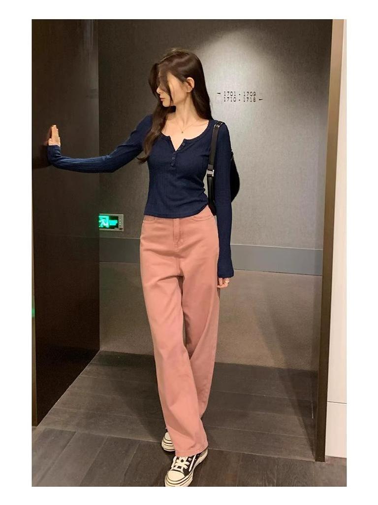 Women's Retro U-Neck Slimming Long-Sleeve Ribbed Knit Top, 2025 Autumn/Winter Collection