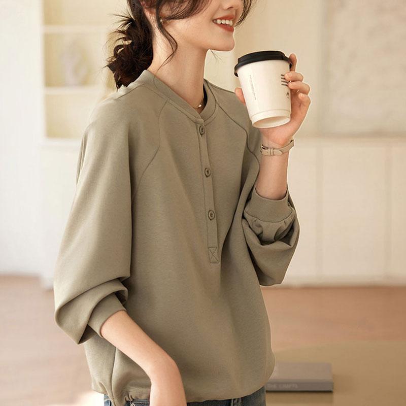 Spring Autumn O-Neck Loose Sweatshirts Casual Long Sleeve Commute Women's Solid Color Basic Fashion Button Pullovers