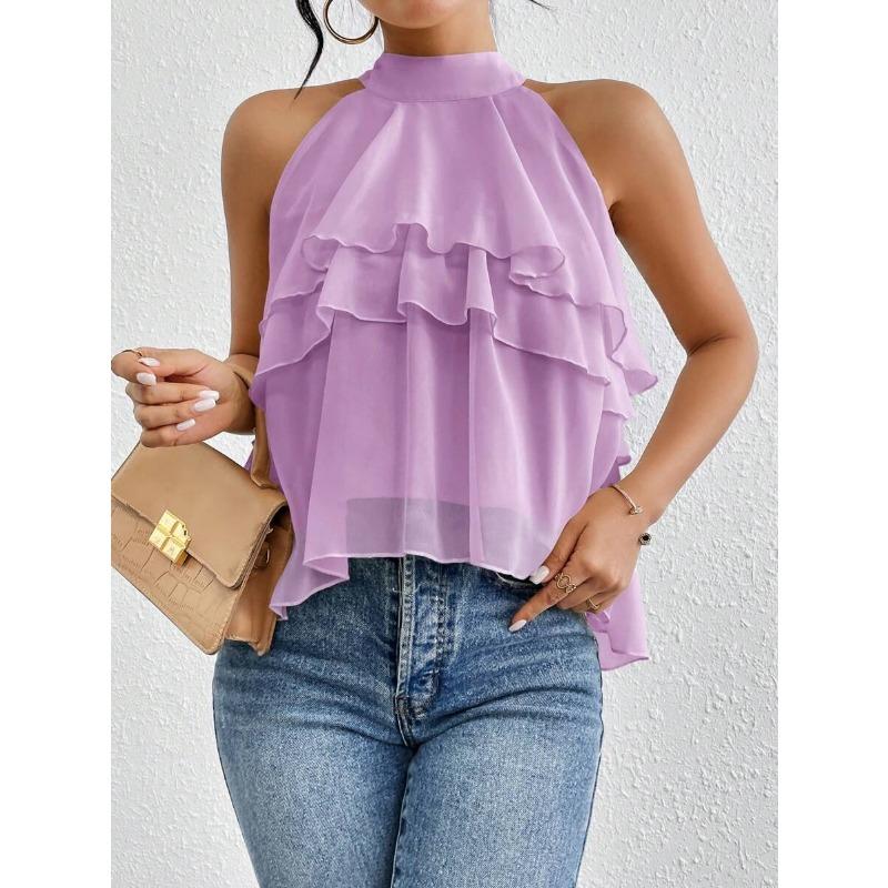 

YYFS Women s Fashion Casual Solid Color Print Summer Spring Sleeveless Hanging Neck Blouses & Shirts XXL фіолетовий