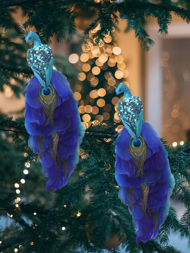2PCS Simulation Peacock Bird Statue Glitter Clip On Artificial Feathered Peacock with Long Tail for Xmas Tree Holiday