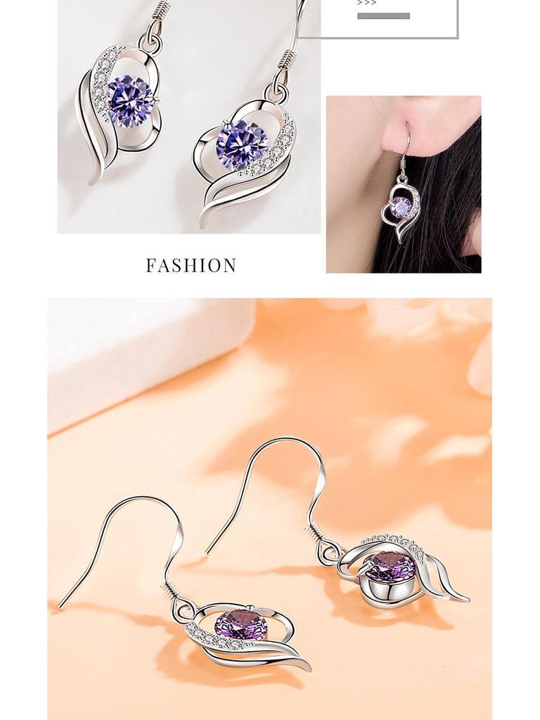 Japanese & Korean Zircon Silver-Plated Fashion Earrings: Elegant Medium-Length Hooks with Heart Details for Women