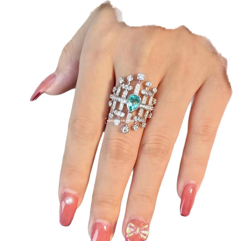 Bright Retro Light Luxury Zircon Green Zirconium Ring Female Tide Niche Design High-End Index Finger