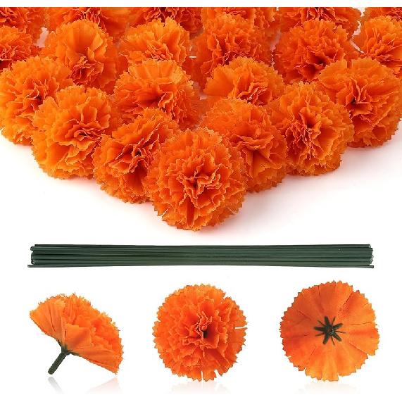 Marigold Flowers, Marigolds Artificial Flowers, 30Pcs Silk Marigold Flower Heads Bulk with Stems, Orange Flower for Day of The Dead Diwali Dia De Los 30pcs