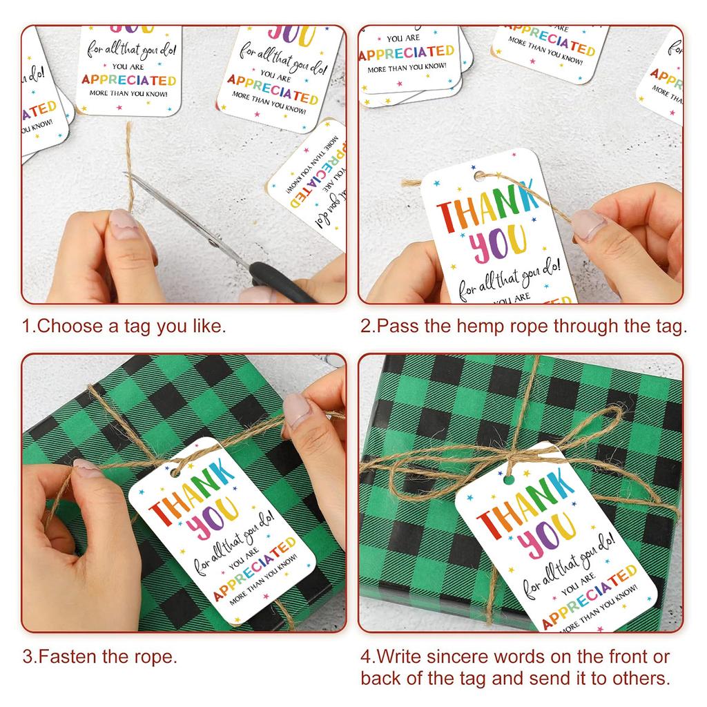 50Pcs Teacher Appreciation Hanging Tags with Jute Rope, School Party Decorations Gift Wrapping Labels, Thank You Cards