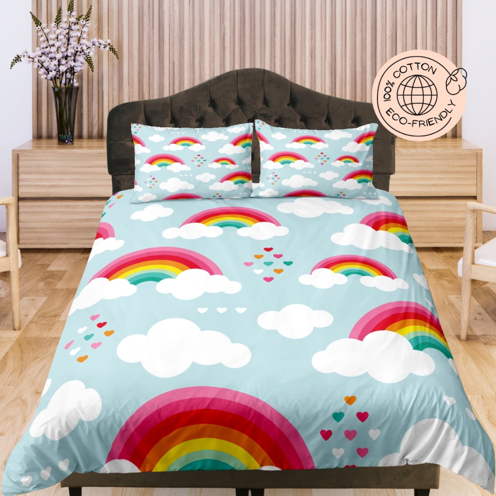 

Rainbow Cloud Print Duvet Cover Set, Custom Size Dorm Bedding, Eco Friendly Quilt Cover, Colorful Bedroom Set, Aesthetic Bedspread 135x200cm