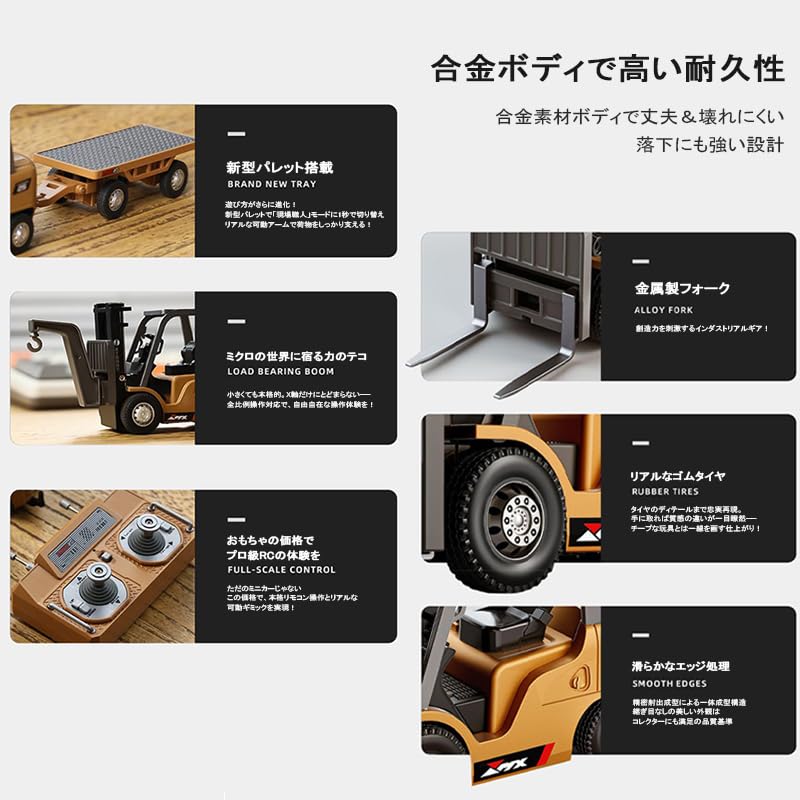 1/64 Scale Mini RC Forklift Heavy Machinery Radio-Controlled Mini Alloy Construction Vehicle Toy Car with 2.4GHz Wireless Remote Control, Lift and Low