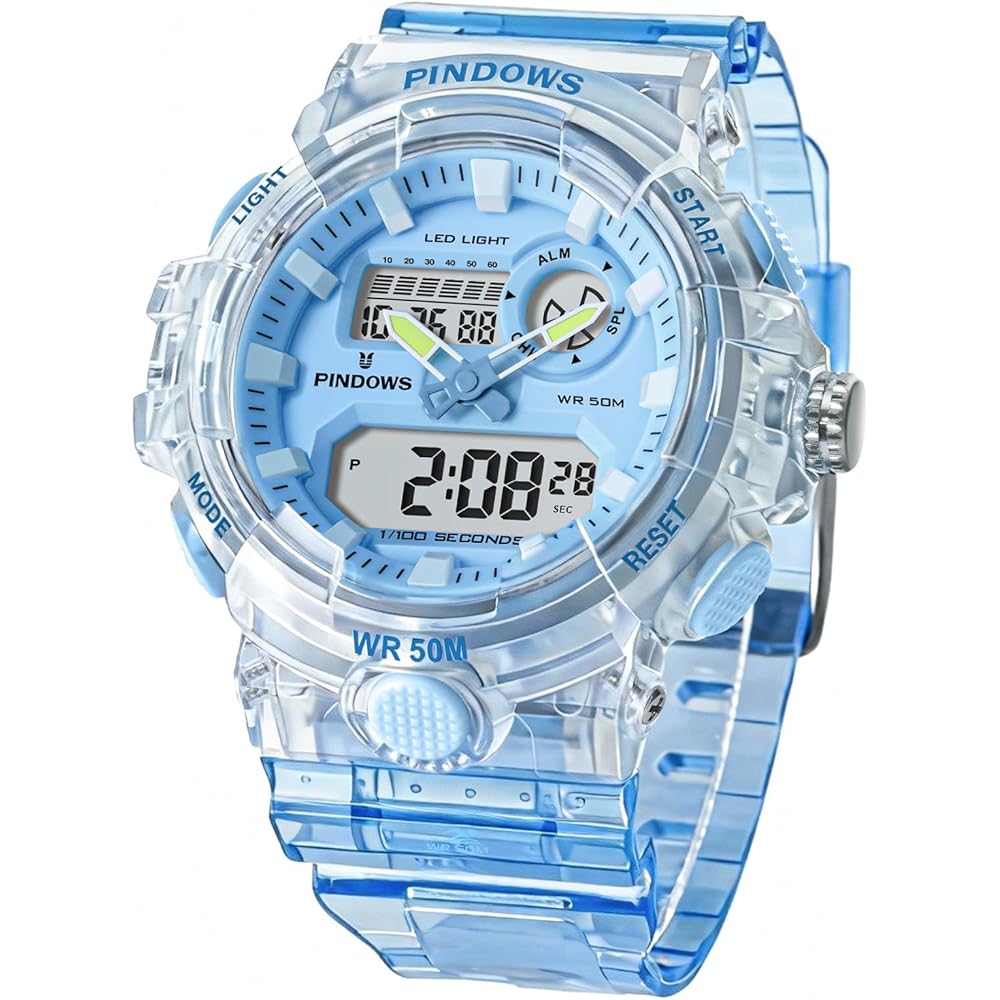 PINDOWS Women s Sports Watch LED Backlight Dual Time Display 50m Waterproof TPU Band