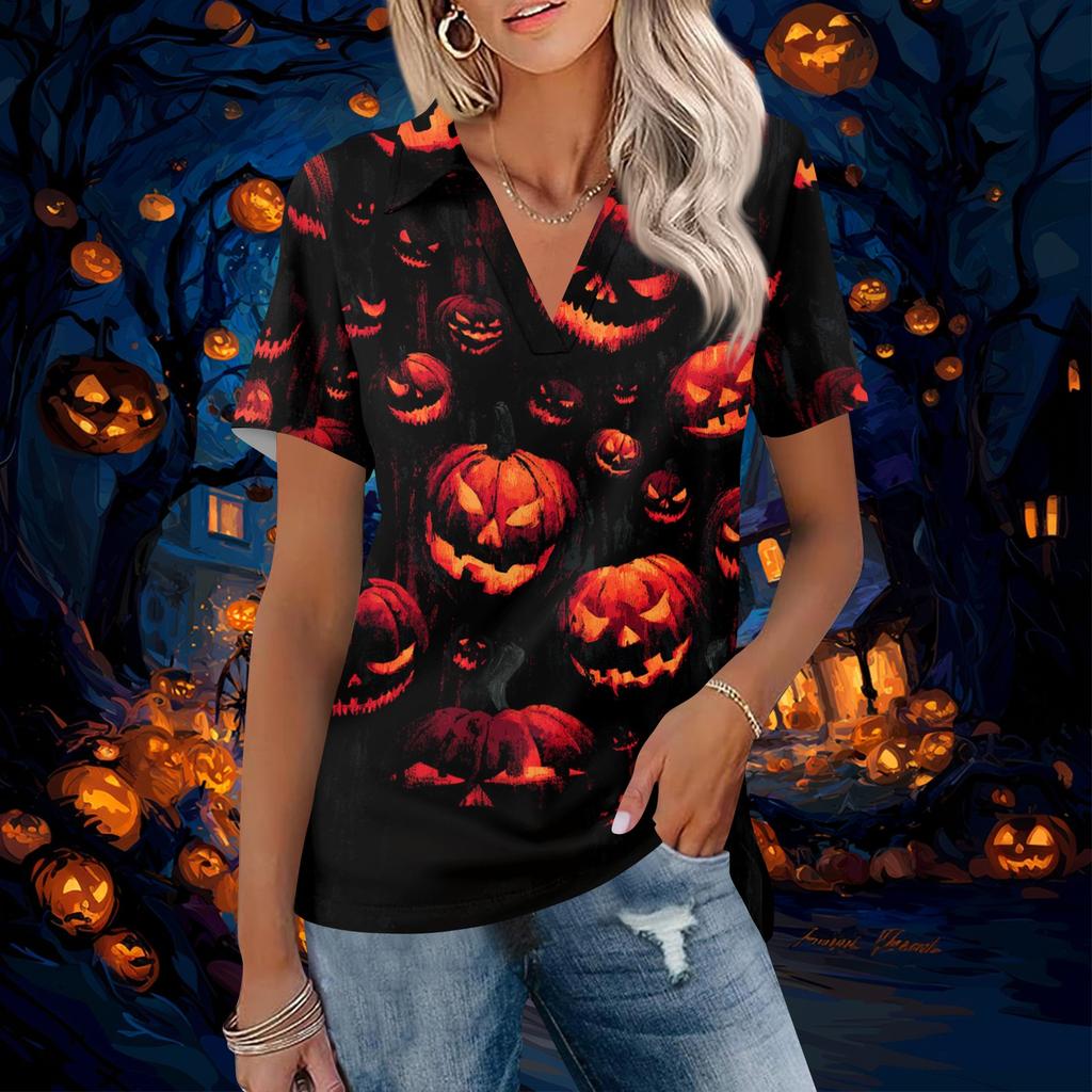 Womens Casual V Neck Short Sleeve Halloween Print Polo Shirt Loose Fit Lightweight Top for Everyday Wear