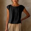 Blusa da Donna in Lino con Scollo Rotondo, Parte Anteriore Pieghettata, Maniche Corte, Taglio Ampio Casual