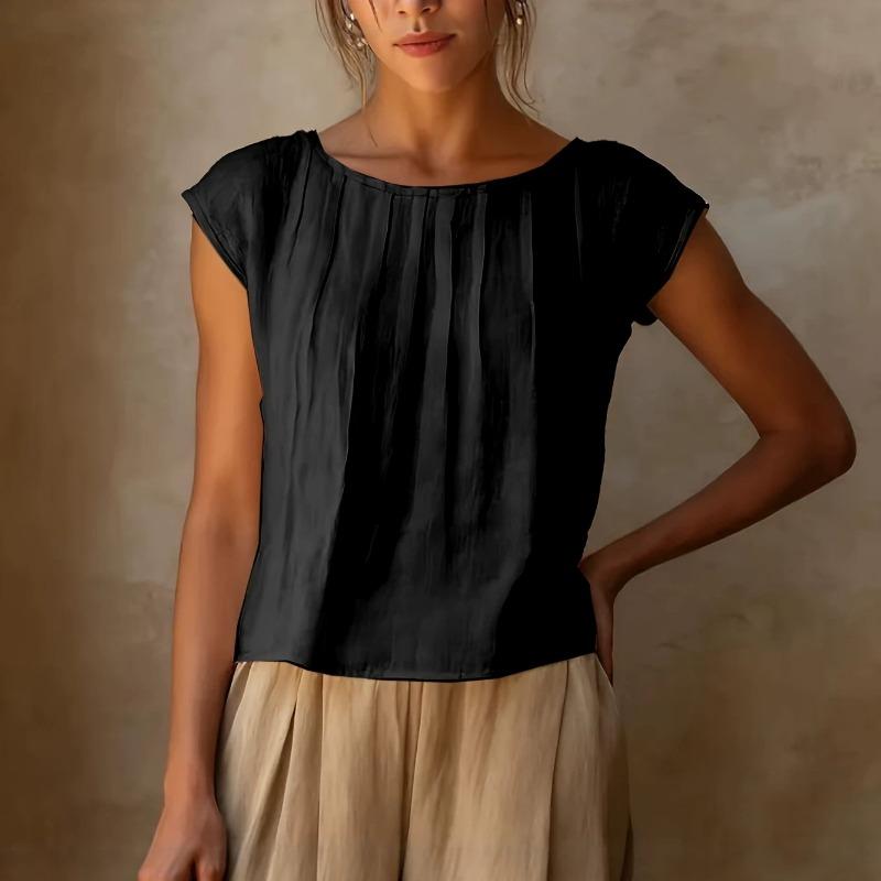 Blusa da Donna in Lino con Scollo Rotondo, Parte Anteriore Pieghettata, Maniche Corte, Taglio Ampio Casual