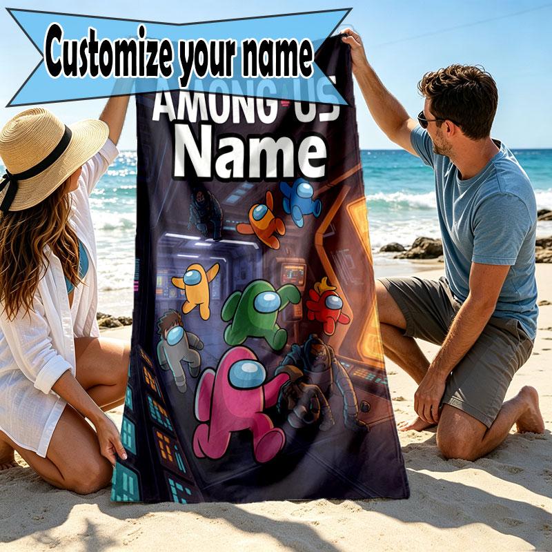 Custom Name Personalized Among Us Print Beach Towel, for Trip Camping Beach Party Home Decor, Birthday Gift for Family & Friends