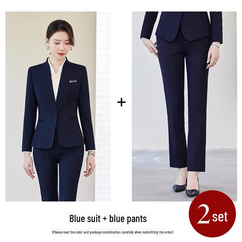 Women's Navy Blue Petite Suit Set for Spring/Autumn - Professional Dress for Interviews & Business