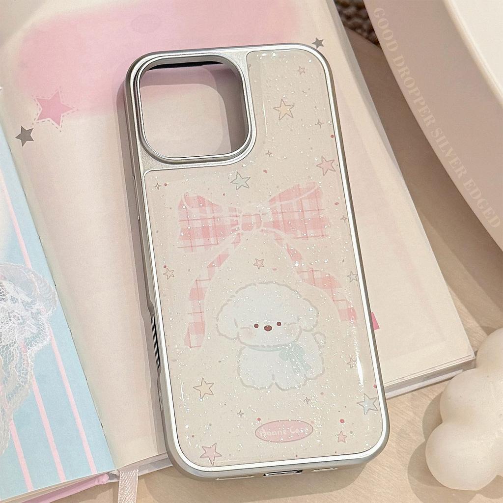Etui w stylu Instagram z kokardką dla szczeniaka na IPhone 17, 16 Pro Max, IPhone 15, brokat z żywicy epoksydowej, 17mm Twardy Huawei
