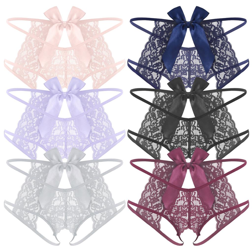 Pánské průsvitné krajkové G-string spodní prádlo se strappy T-back střihem bez rozkroku a mašličkou, dárek na líbánky