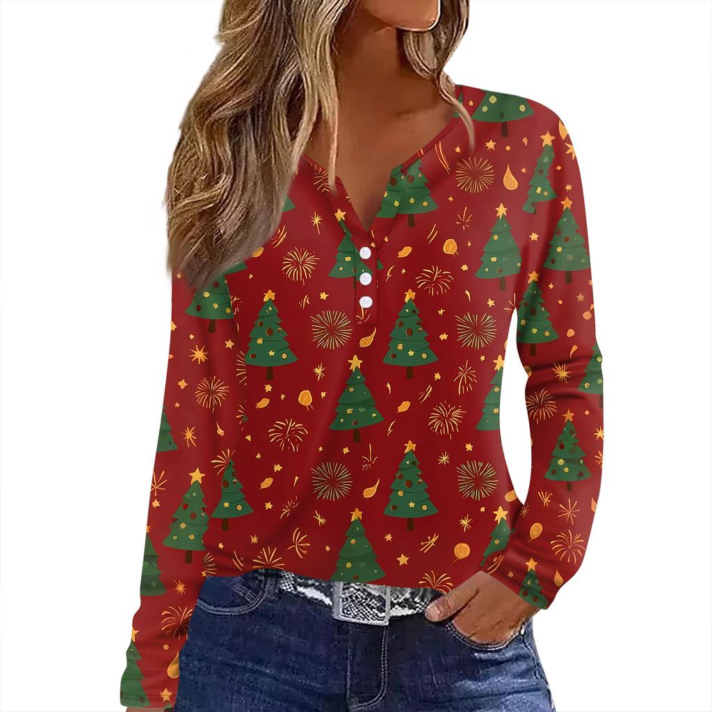 Camiseta de Mujer Estampado Navideño Botón Manga Larga Diario Fin de Semana Moda Básica Cuello en V Regular Top