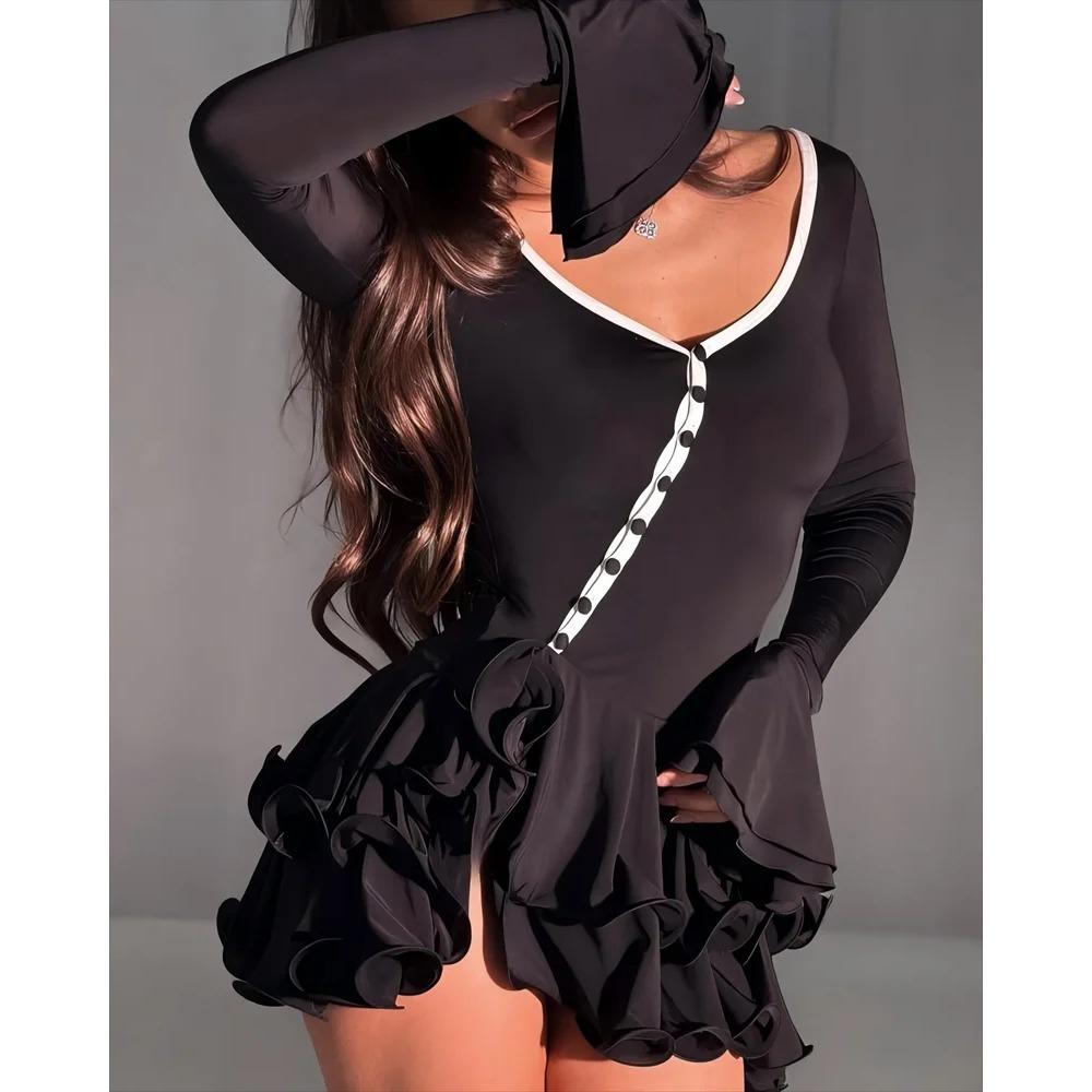 Dámské áčkové bodycon mini šaty s volánovým lemem, výstřihem do V, asymetrickými knoflíky, dlouhým rukávem, krátké šaty, párty, streetové oblečení