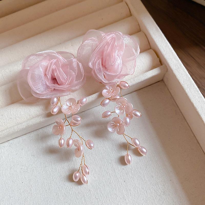 Pink Yarn Mesh Flowers Tassel Dangle Earrings for Women Sweet Girly Imitation Pearl Pendientes Fairy Lolita Party Ear Decoration
