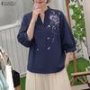 ZANZEA Women Casual V-Neck 3/4 Sleeve Loose Flora Print Blouse