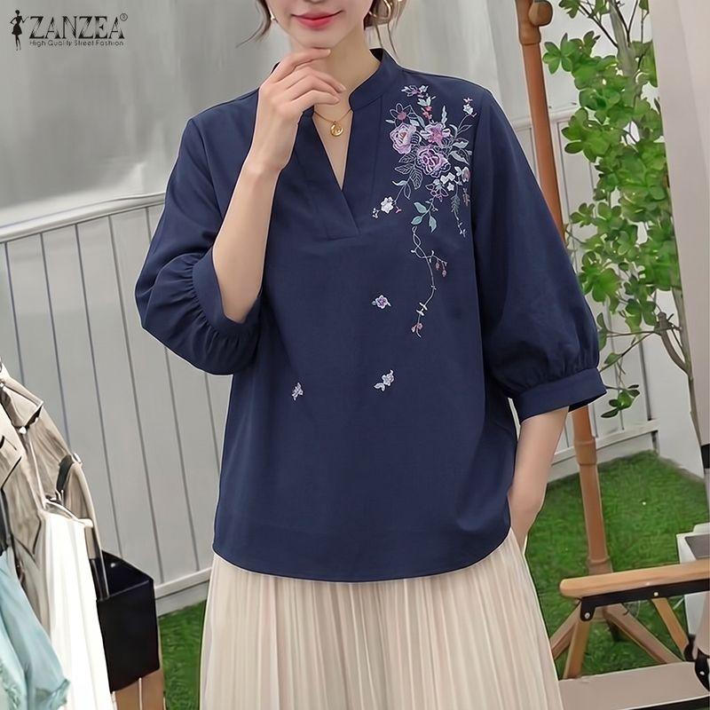 ZANZEA Women Casual V-Neck 3/4 Sleeve Loose Flora Print Blouse