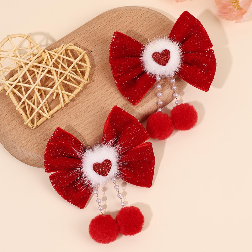 2Pcs Glitter Velvet Bow Hair Clips With Fuzzy Ball Tassels Elegant Cute Red Heart-Shaped Bow Barrette Hair Accessories For Girls