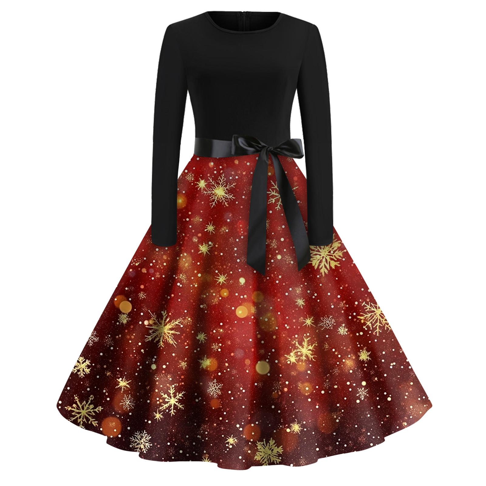 

Christmas Print Flare Dress For Women Long Sleeve Dress Hollow Party Casual Dresses S киноварь