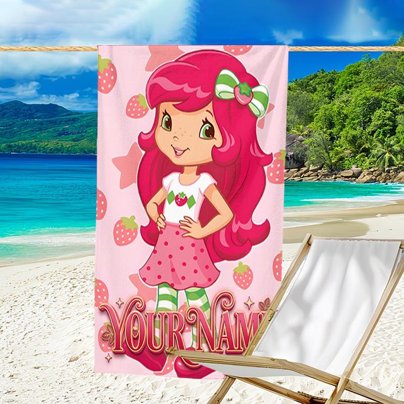 1pc Princess Strawberry Beach Towel with Custom Name, Beach and Seaside Swimming Pool Equipment, Fashion Pattern, Rectangular, Travel Essential