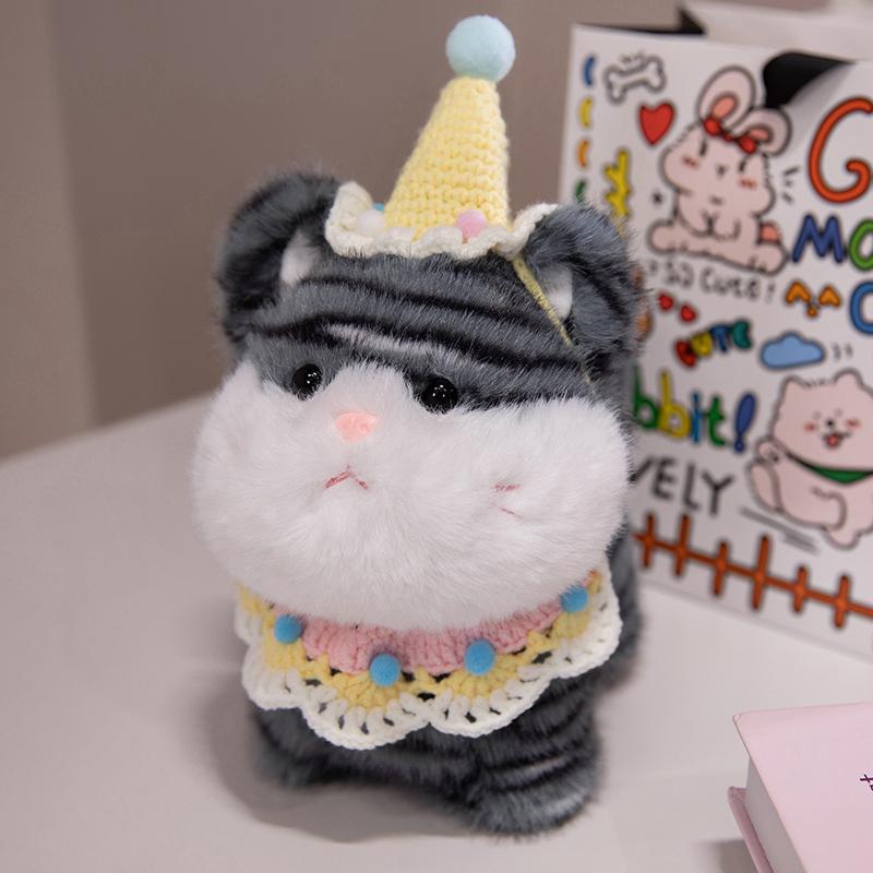 Cute Big Face Cat With Birthday Hat Fruit Cake Snack Bib Decor Kawaii Grey Orange Cats Kittens Plushie For Kids Birthday Gift