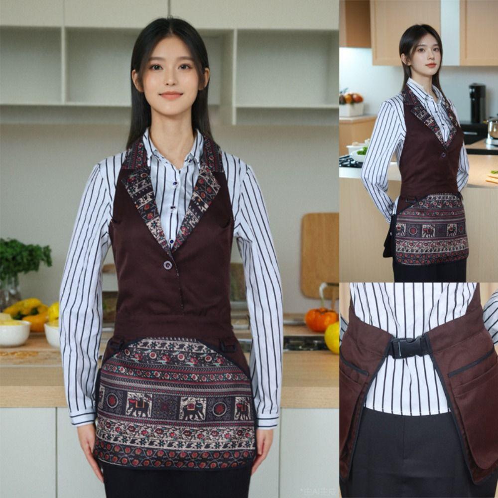 Multi-functional Polyester Work Apron Waterproof Ethnic Style Suit Collar Apron Vintage Button Design Dining Apron Kitchen