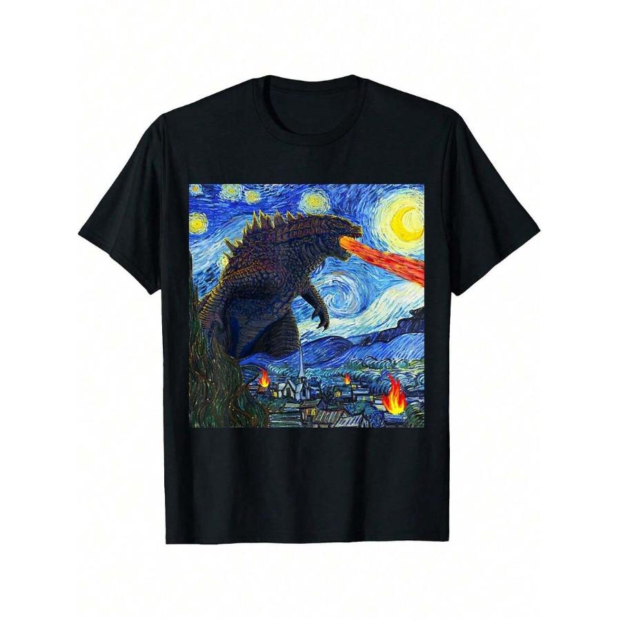 Vintage Japanese Monste Kaiju In Van Gogh Starry Night T-Shirt Cotton Mens Short Sleeve T Shirts Men s Tshirts Graphic Unisex... S разноцветный