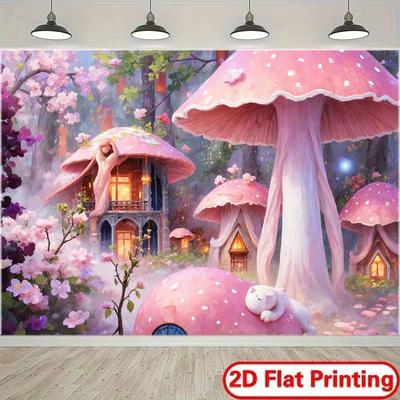 2D Dreamy Mushroom Village Backdrop, Pink Forest Scene Background for Baby Shower