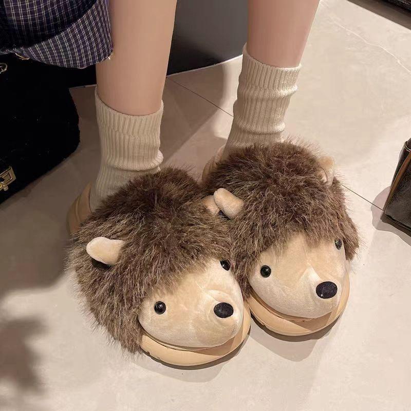 Cotton slippers women wear cartoon hedgehog home non-slip flat bottom autumn and winter warm plush slippers women cotton drag