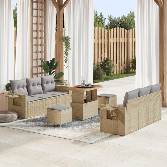 Ensemble de 9 Pièces de Canapés de Jardin avec Coussins Beige Poly Rattan Acacia, Ensemble 3 Pièces de Salle à Manger 3361702