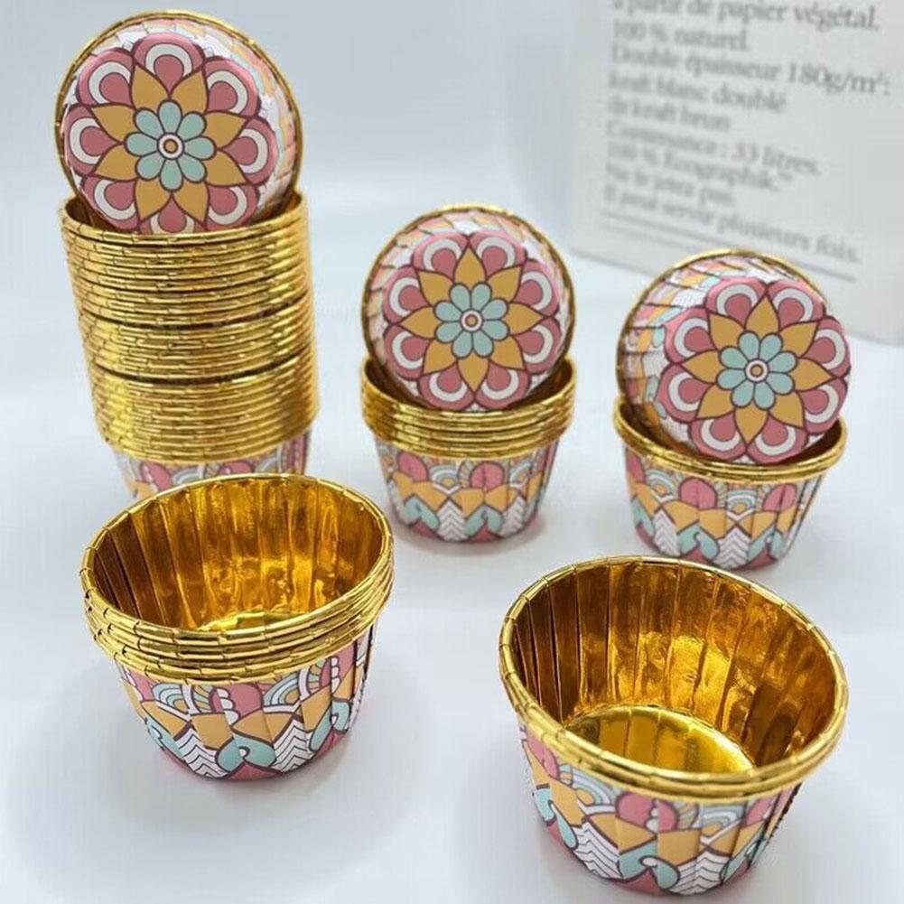 50pcs Bohemian-Print Muffin Cups Aluminium Foil Cupcake Cases Heat Resistant Baking Cup Disposable Cake Pan For Home Kitchen