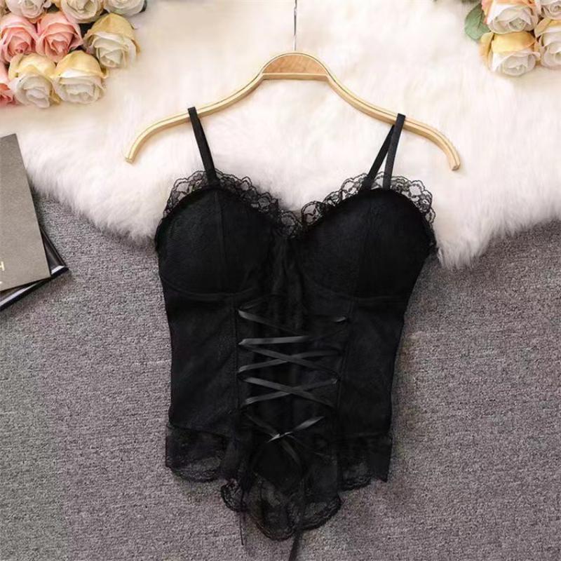 Kleidung Blusen Sexy Crop Tops Damen Korsett Spitze Bandage T-Shirt Camisole Damen Träger Tanktop Mode Ärmellose Weste