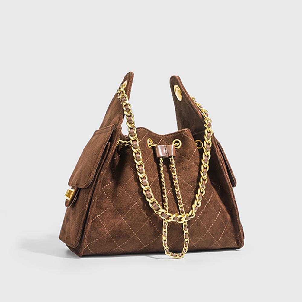 Fall Winter Women Quilted Chain Bucket Bag Trendy Style Faux Suede Handbag Fashion Shoulder Crossbody Ladies Purse