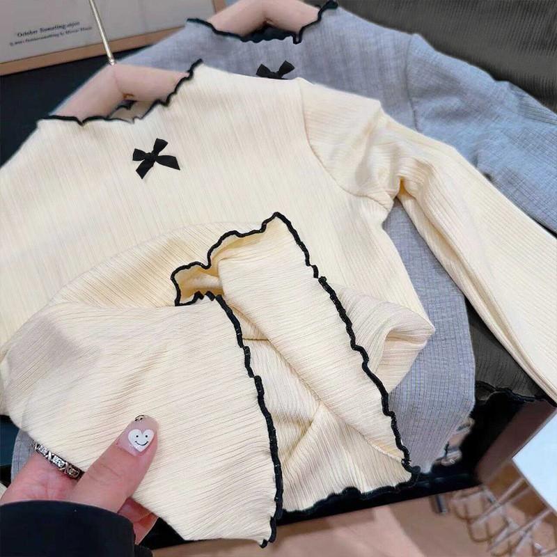 Girls Long Sleeve T-Shirt With Ruffle Trim Bow Detail Soft Cotton Blend Top Fall Kids Fashion