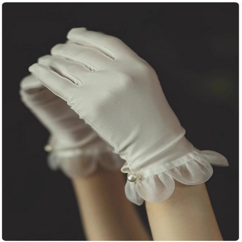 

Hepburn Style Wedding Gloves Retro White Short Satin Lace Wedding Dress Evening Accessories