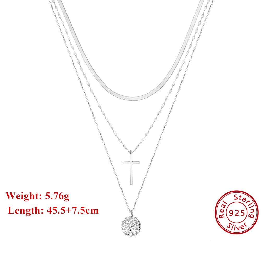 

EFFIE QUEEN 925 Sterling Silver 3 Layer Cable Paper Clip&Snake Chain Choker Cross Round Pendant Necklace Jewelry for Women BQN08 серебряный