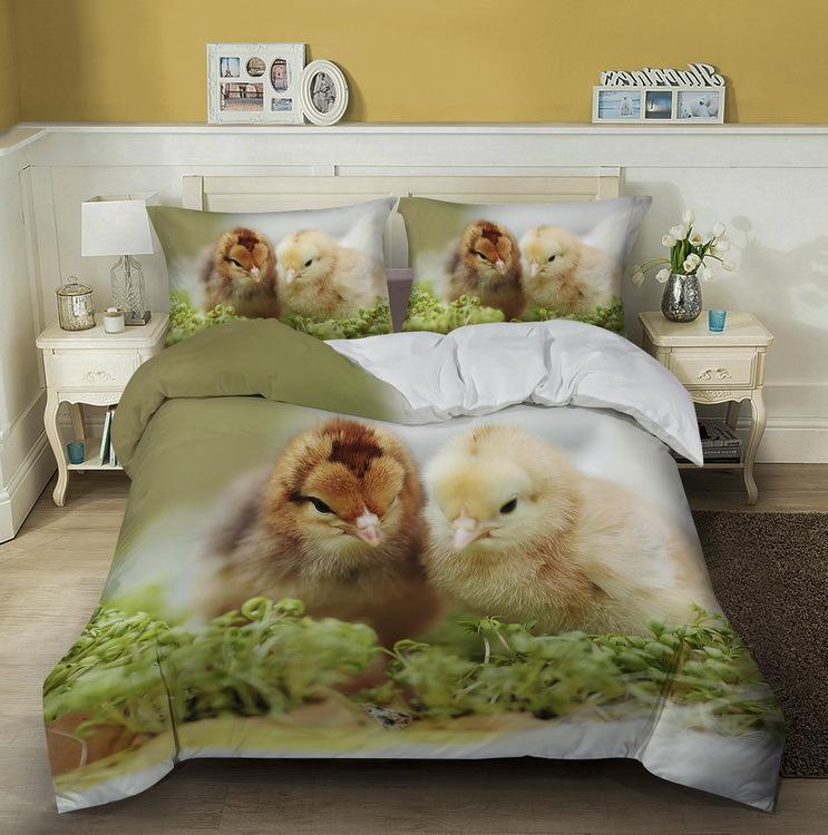Chick Kids Duvet Cover Set King/Queen Size, Farm Animal Print Duvet Cover, Yellow Cute Chick Bedding Set In The Basket, Green