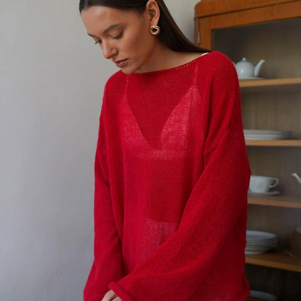 Hollow Knit Sweater Spring and Summer Women's Perspective Thin Section Big Round Neck Flared Sleeve Knitted T-shirt